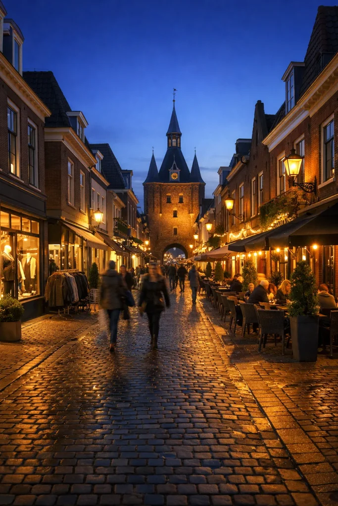Avondwinkelstraat in Harderwijk met verlichte winkels en publiek