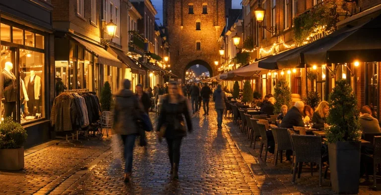 Avondwinkelstraat in Harderwijk met verlichte winkels en publiek