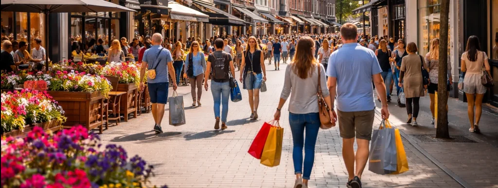 Drukke winkelstraat in het centrum op een zonnige zondag, met shoppers en terrassen.