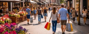 Bedrijven in Harderwijk Drukke winkelstraat in het centrum op een zonnige zondag, met shoppers en terrassen.