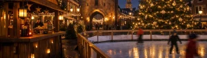 Bedrijven in Harderwijk Verlichte kerstboom en winterplein in Harderwijk bij schemering