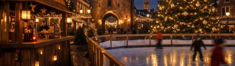 Verlichte kerstboom en winterplein in Harderwijk bij schemering