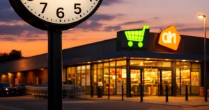 Supermarkt in Harderwijk bij zonsondergang met klok buiten