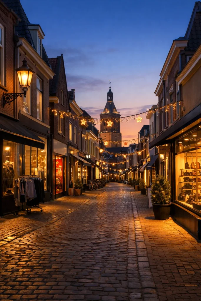 Winkelstraat in Harderwijk met verlichte etalages bij schemering