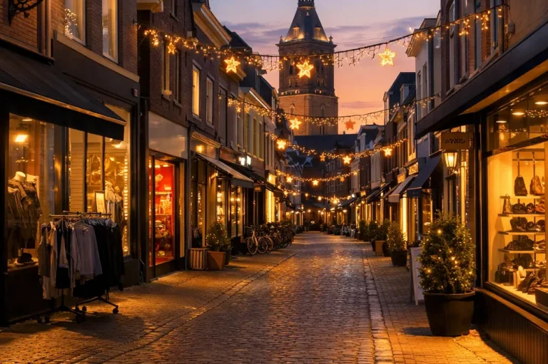 Winkelstraat in Harderwijk met verlichte etalages bij schemering