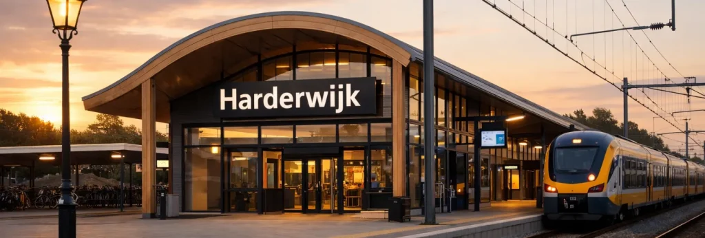 Perron bij station Harderwijk met trein bij zonsondergang.