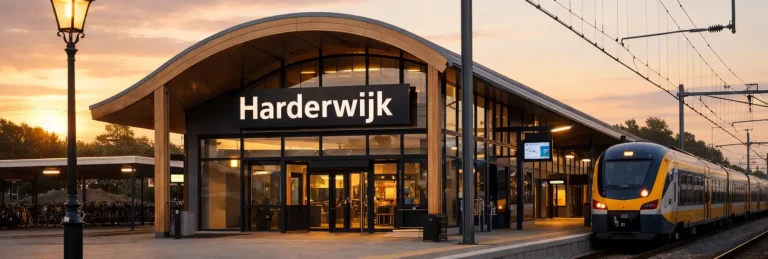 Perron bij station Harderwijk met trein bij zonsondergang.