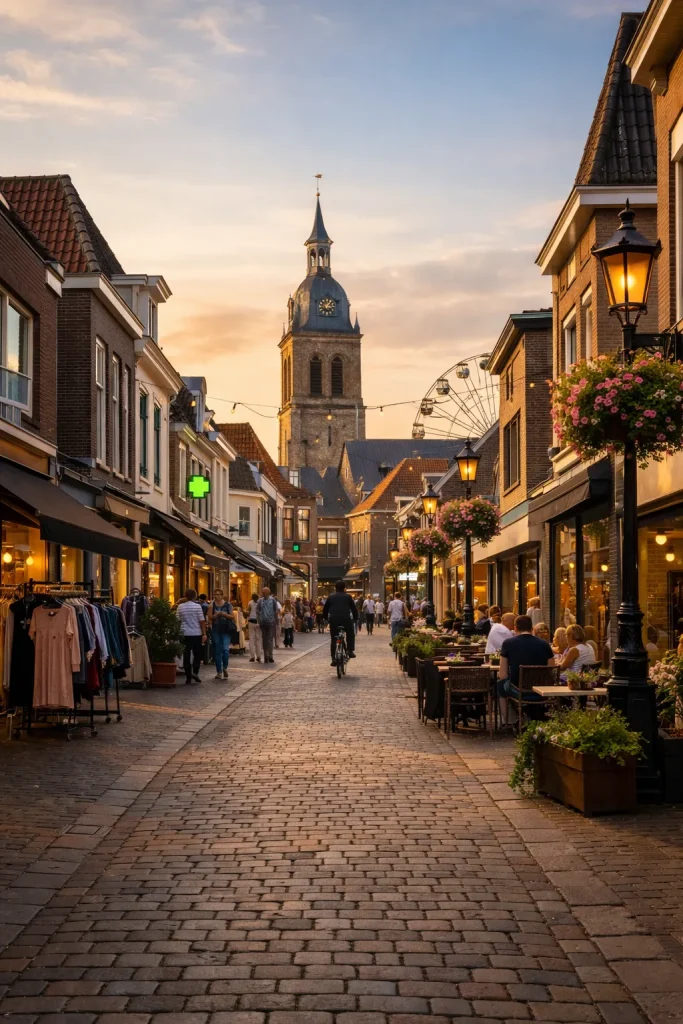 Drukke winkelstraat in Harderwijk bij zonsondergang