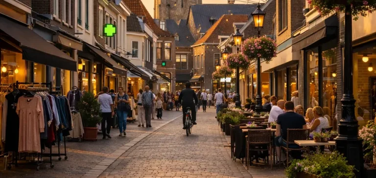 Drukke winkelstraat in Harderwijk bij zonsondergang