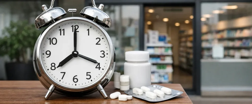 Apotheekgevel met klok en medicijnen