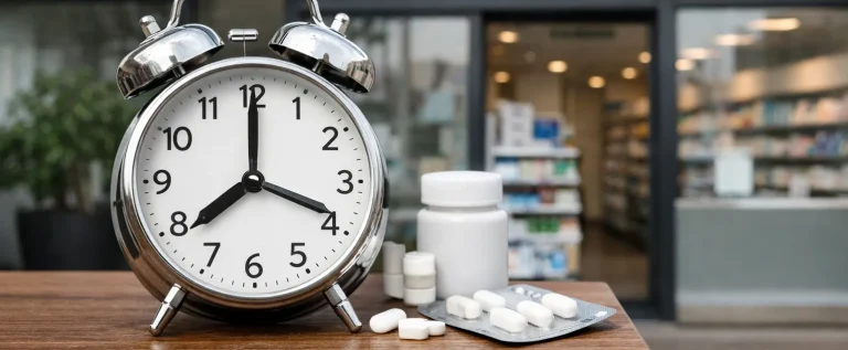 Apotheekgevel met klok en medicijnen