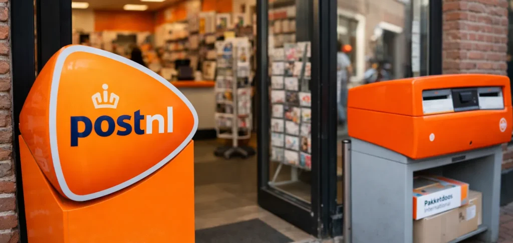 Ingang van een PostNL-servicepunt in Harderwijk met oranje PostNL-bord en pakketautomaat.