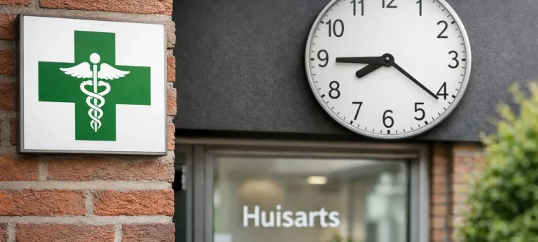 Gevel van een huisartsenpraktijk met groen zorgkruis en klok