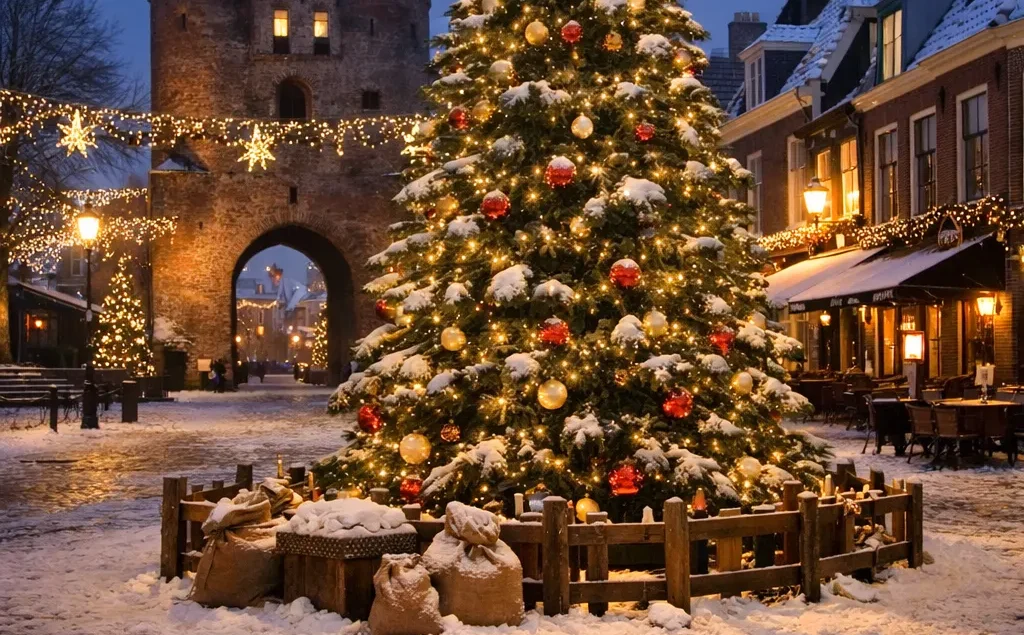 Verlichte kerstboom op een winters plein in Harderwijk bij schemering