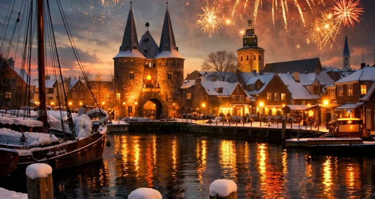 Vuurwerk boven de haven van Harderwijk in de winter