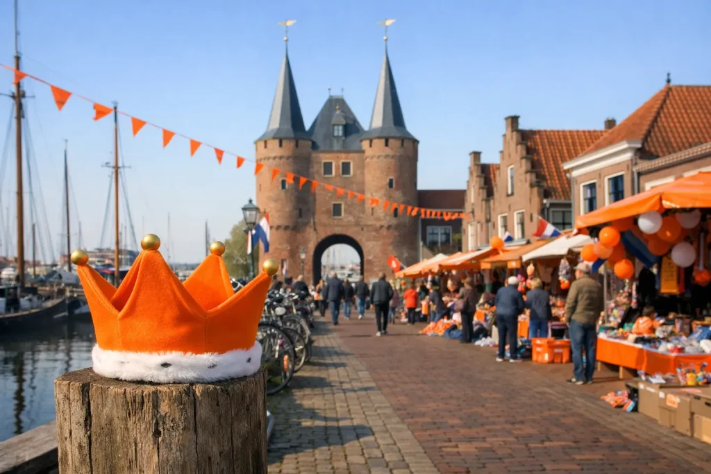 Vrijmarkt in Harderwijk met oranje versiering bij de Vischpoort