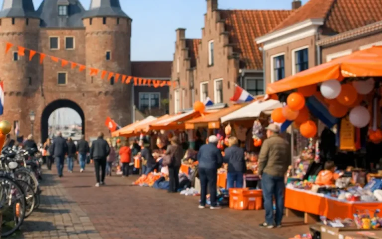 Vrijmarkt in Harderwijk met oranje versiering bij de Vischpoort