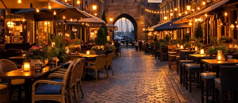 Terrassen en restaurants in de binnenstad van Harderwijk bij avondlicht