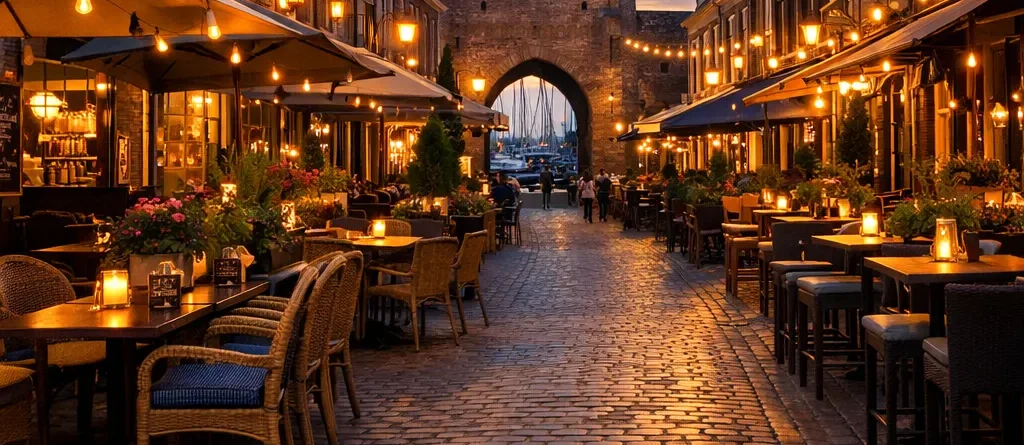 Terrassen en restaurants in de binnenstad van Harderwijk bij avondlicht
