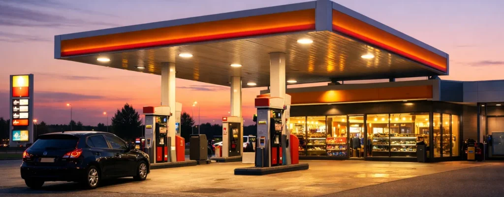 Verlicht tankstation in Harderwijk in de avondschemering