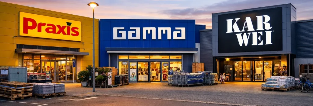 Gevels van bouwmarkten in Harderwijk bij zonsondergang