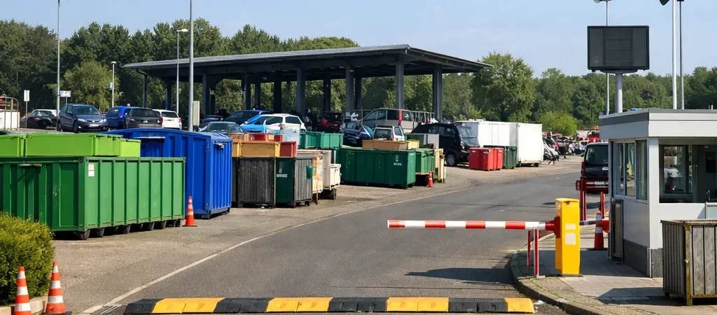 Ingang van de milieustraat in Harderwijk met afvalcontainers en auto’s.
