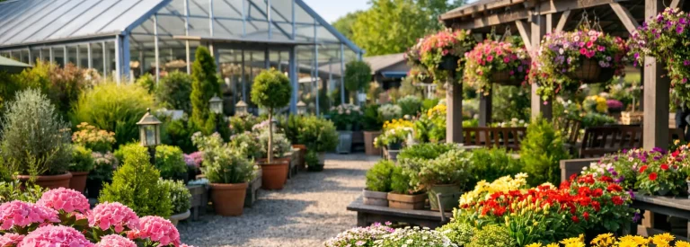 Realistisch tuincentrum in Harderwijk, buitenaanzicht met planten en parkeerplaats