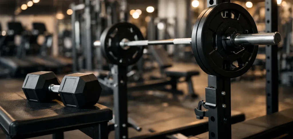 Halterstang en dumbbells in moderne sportschool