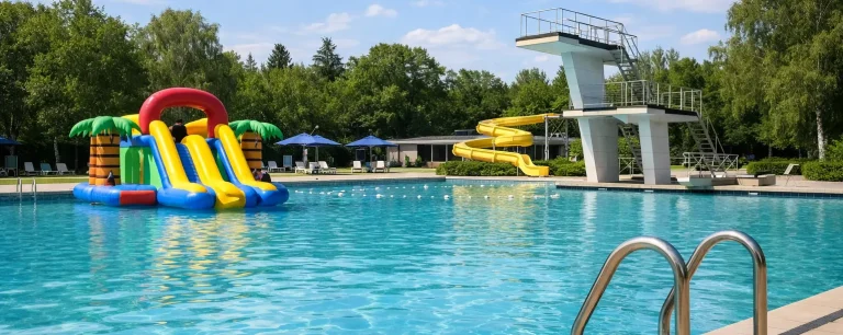Buitenzwembad met duikplank en glijbaan