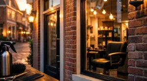 Gevel van een kapsalon in Harderwijk bij avondlicht