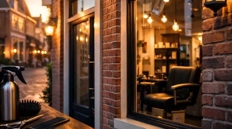 Gevel van een kapsalon in Harderwijk bij avondlicht