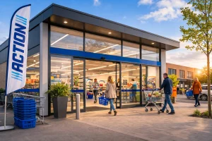 Ingang van een Action winkel met klanten die naar binnen lopen in Maassluis