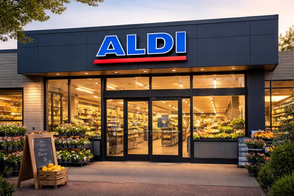 Ingang van een Aldi supermarkt in Maassluis met verse producten buiten.