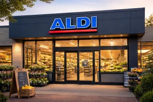 Ingang van een Aldi supermarkt in Maassluis met verse producten buiten.