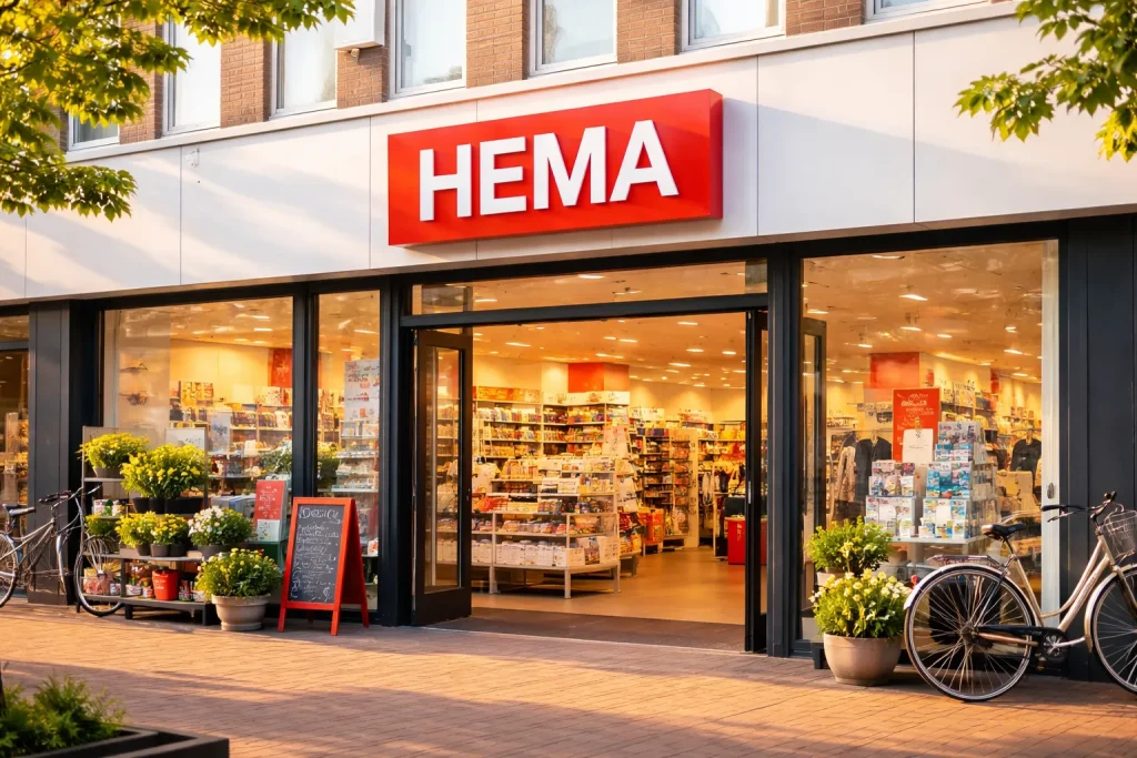 Ingang van HEMA winkel in Maassluis met open deuren en etalage.