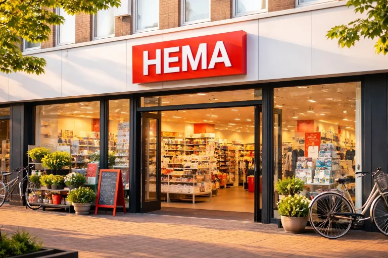 Ingang van HEMA winkel in Maassluis met open deuren en etalage.