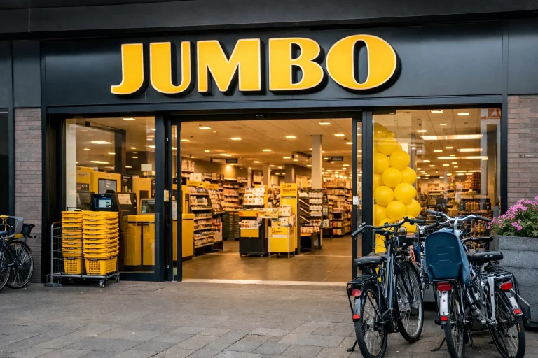 Ingang van een Jumbo supermarkt in Maassluis met fietsen ervoor